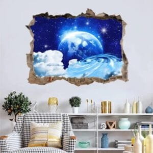Sticker Mural Planète Bleue Sur Fond étoilé Pour Chambre D’enfant 2 Sticker Mural Planète Bleue Sur Fond étoilé Pour Chambre D’enfant