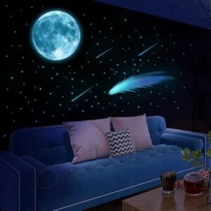 stickers muraux phosphorescents pleine lune et etoiles filantes 261 1